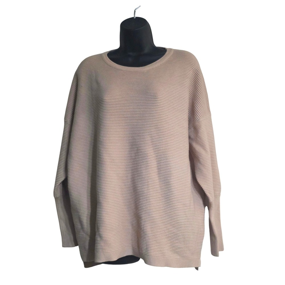Fashion Womens Tan Beige Ribbed Knit Oversized Crew Neck Pullover Sweater L New